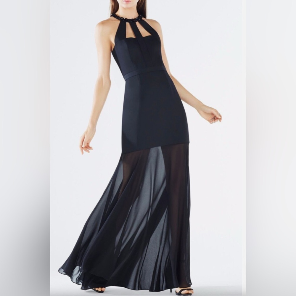 $448 NWT BCBG MaxAzria Leonora Black Floor length Dress Sz 0 - Picture 1 of 10